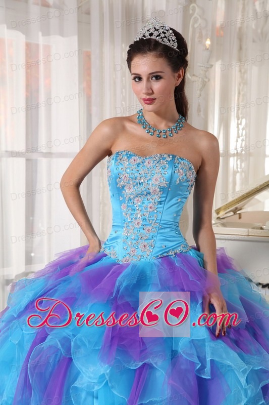 Baby Blue And Purple Ball Gown Strapless Long Organza Appliques Quinceanera Dress
