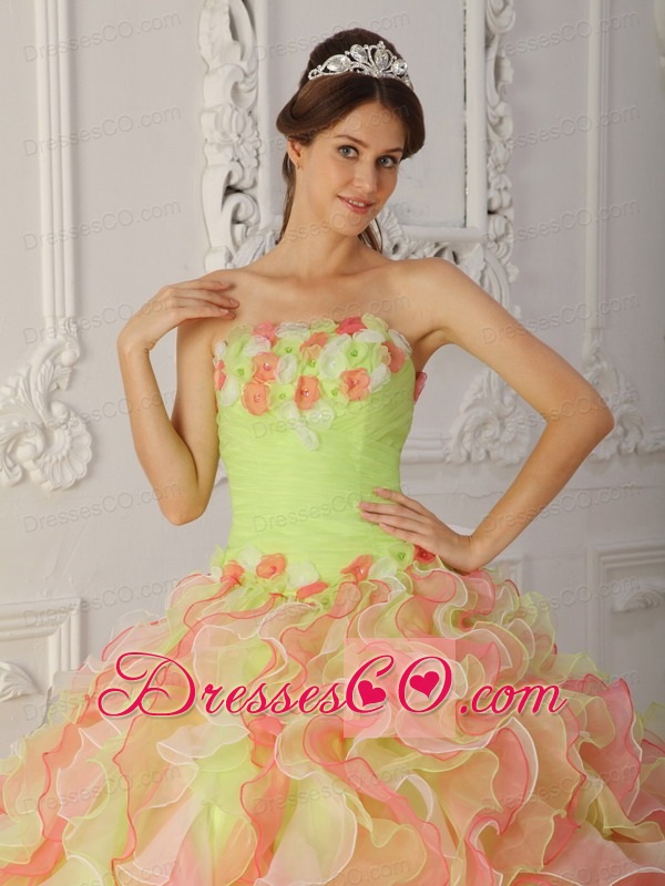 Multi-color Ball Gown Strapless Long Organza Hand Flowers And Ruffles Quinceanera Dress
