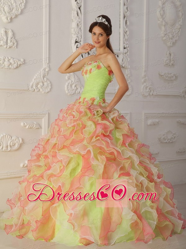 Multi-color Ball Gown Strapless Long Organza Hand Flowers And Ruffles Quinceanera Dress
