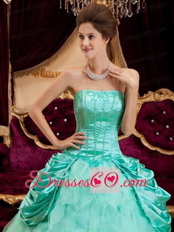 Apple Green Ball Gown Strapless Long Ruffles Taffeta And Organza Quinceanera Dress