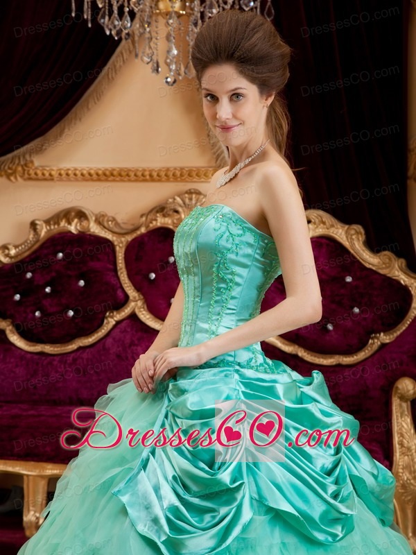 Apple Green Ball Gown Strapless Long Ruffles Taffeta And Organza Quinceanera Dress