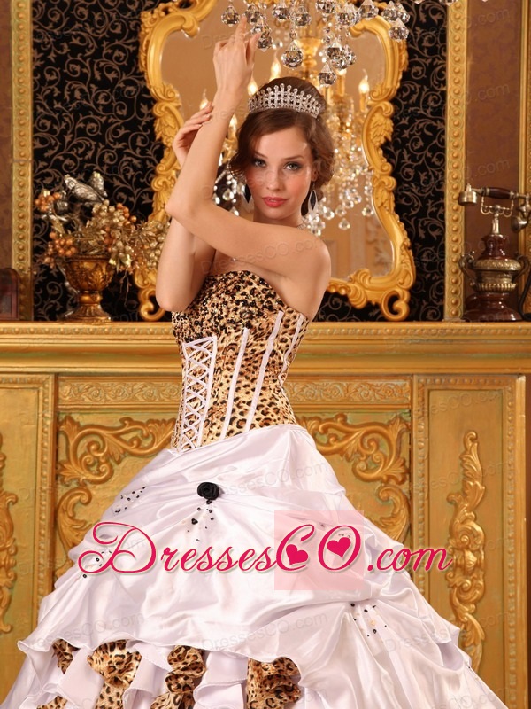 Gorgeous Ball Gown Strapless Brush Train Taffeta and Zebra White Quinceanera Dress