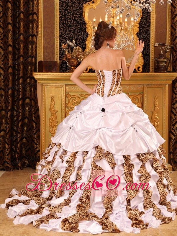 Gorgeous Ball Gown Strapless Brush Train Taffeta and Zebra White Quinceanera Dress