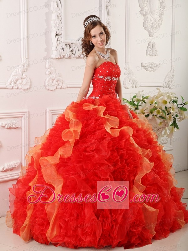 Red Ball Gown Long Organza Appliques And Beading Quinceanera Dress