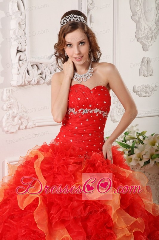 Red Ball Gown Long Organza Appliques And Beading Quinceanera Dress