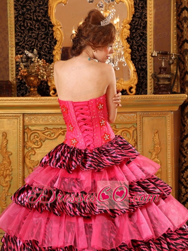 Beautiful Ball Gown Long Organza And Zebra Beading Hot Pink Quinceanera Dress