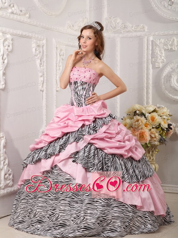 Romantic Ball Gown Strapless Long Taffeta And Zebra Beading Pink Quinceanera Dress