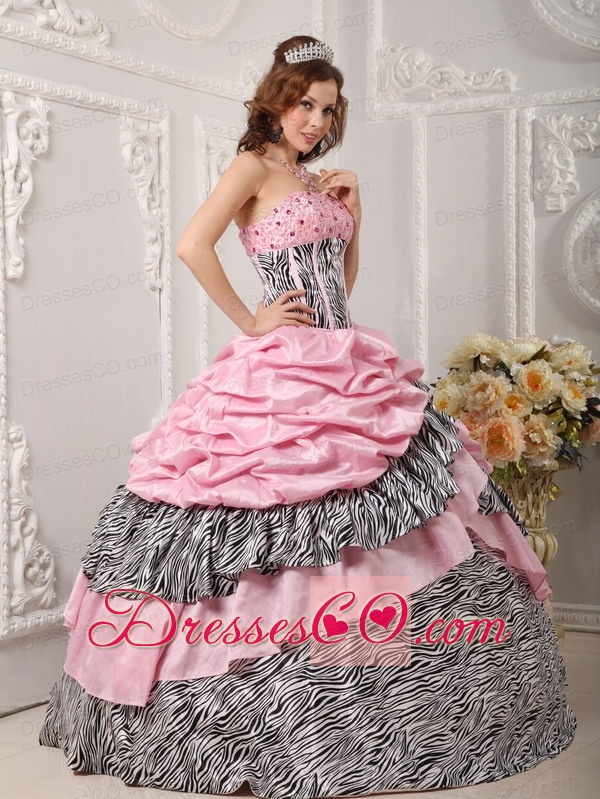 Romantic Ball Gown Strapless Long Taffeta And Zebra Beading Pink Quinceanera Dress