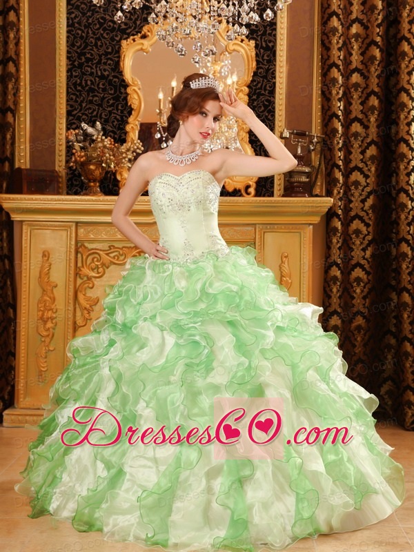 Apple Green Ball Gown Long Organza Beading And Ruffles Quinceanera Dress