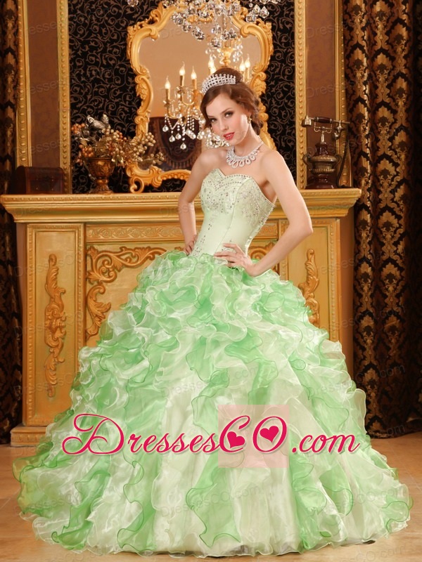 Apple Green Ball Gown Long Organza Beading And Ruffles Quinceanera Dress