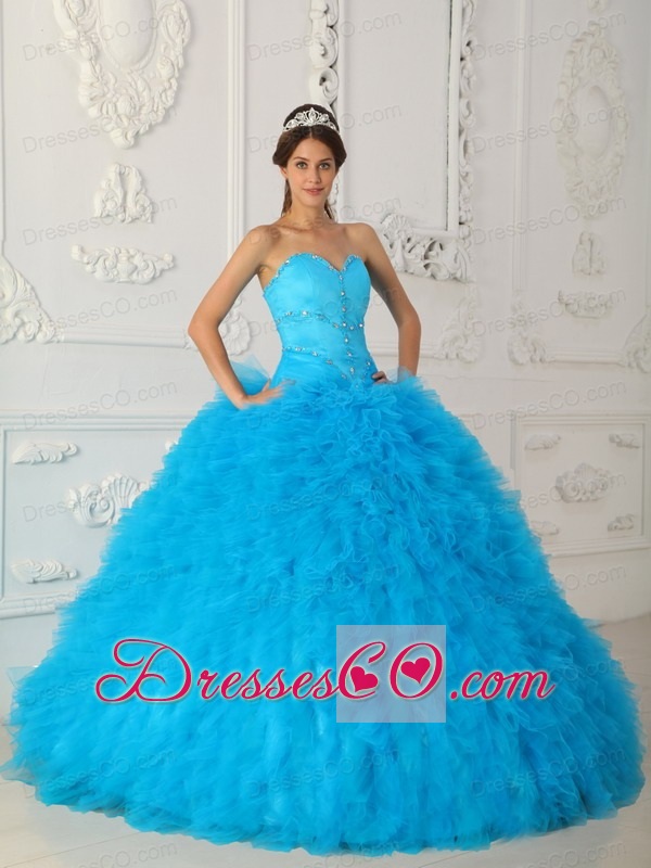 Blue Ball Gown Long Satin And Organza Beading Quinceanera Dress