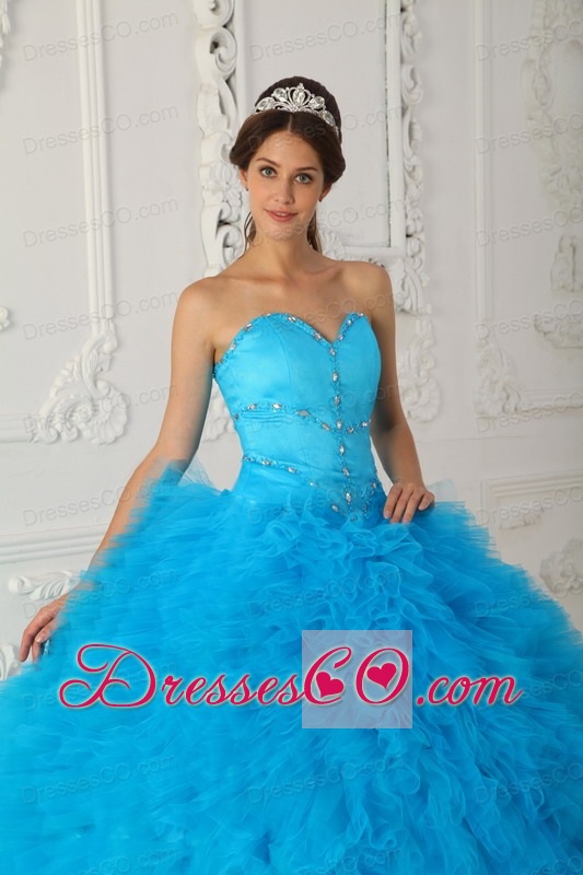Blue Ball Gown Long Satin And Organza Beading Quinceanera Dress