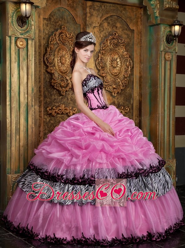 Rose Pink Ball Gown Strapless Long Picks-up Taffeta Quinceanera Dress
