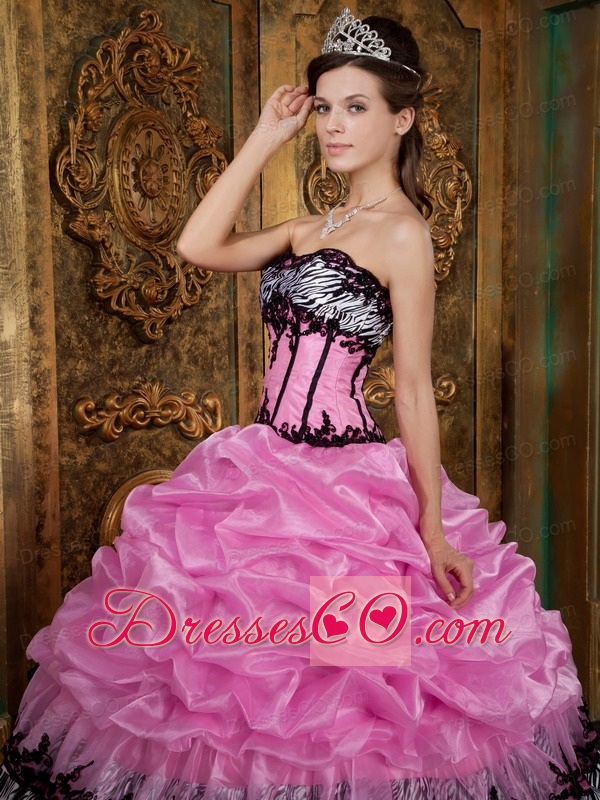 Rose Pink Ball Gown Strapless Long Picks-up Taffeta Quinceanera Dress
