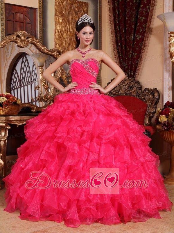 Coral Red Ball Gown Long Organza Beading Quinceanera Dress