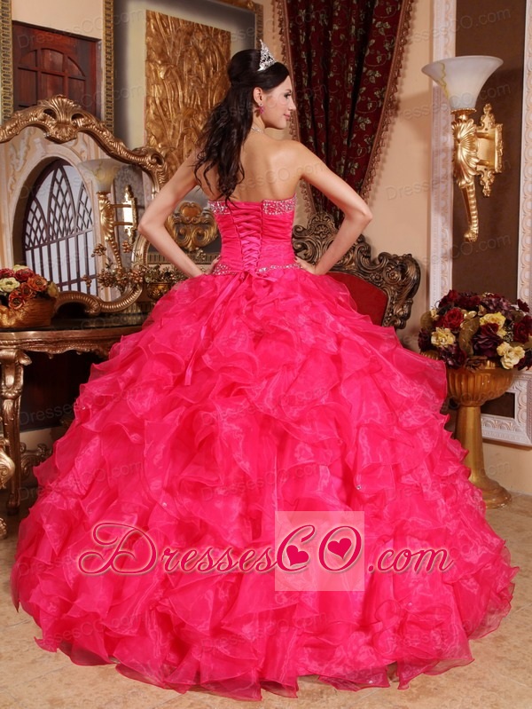 Coral Red Ball Gown Long Organza Beading Quinceanera Dress