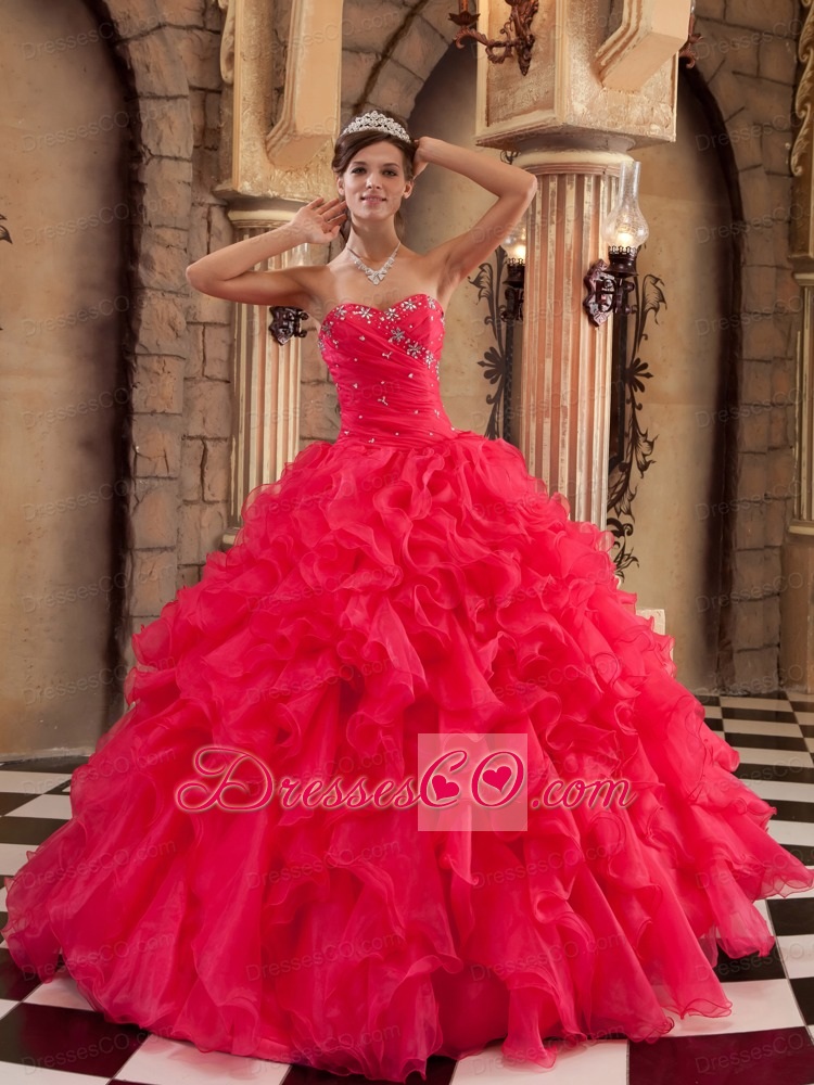 Coral Red Ball Gown Long Ruffles Organza Quinceanera Dress