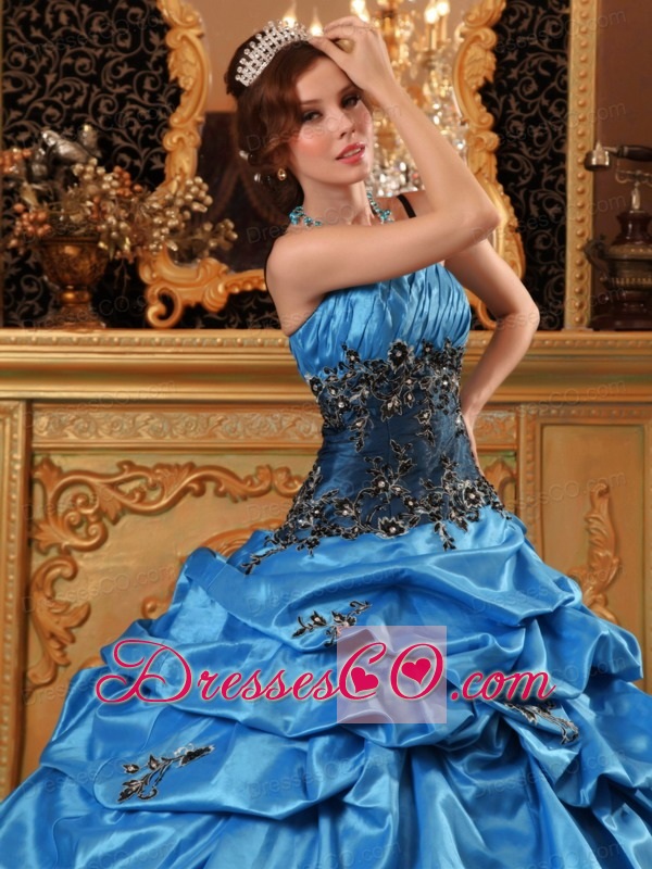 Blue Ball Gown Straps Long Taffeta Appliques Quinceanera Dress