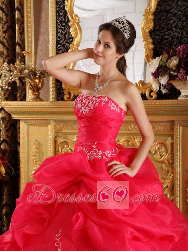 Coral Red Ball Gown Strapless Long Embroidery Organza Quinceanera Dress