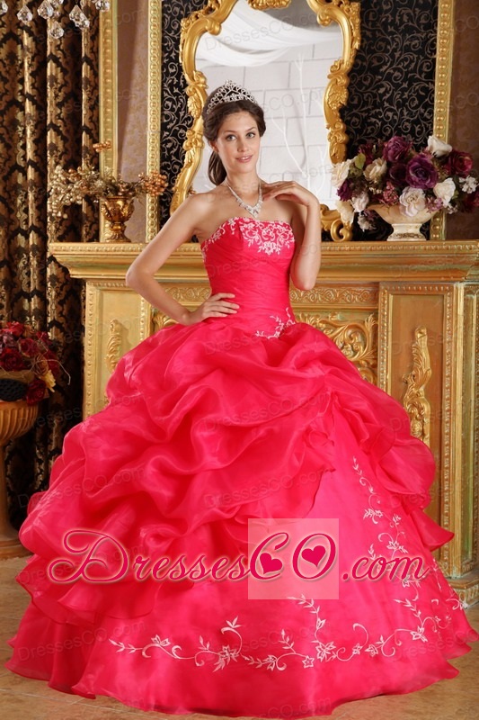 Coral Red Ball Gown Strapless Long Embroidery Organza Quinceanera Dress