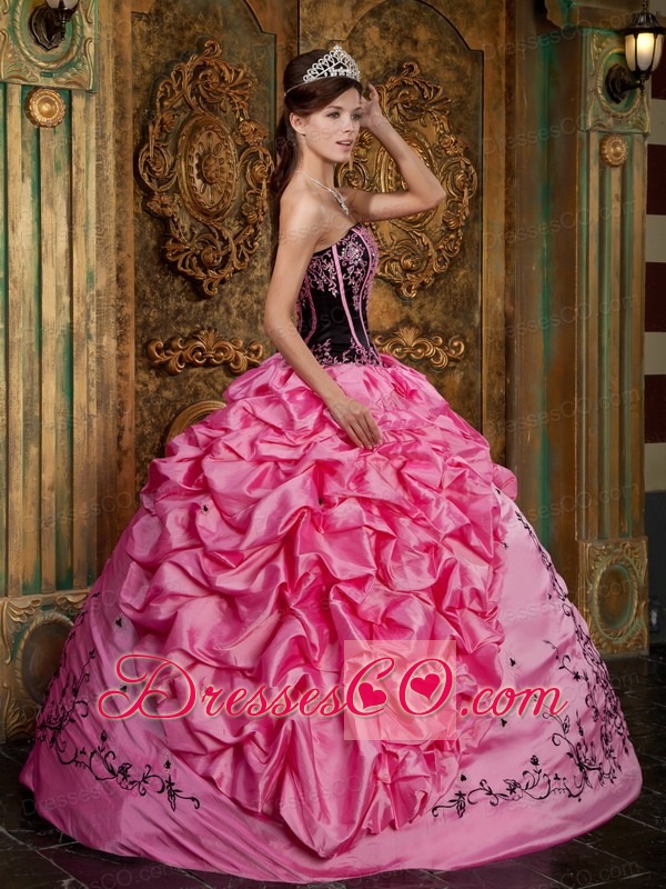 Rose Pink Ball Gown Strapless Long Embroidery Taffeta Quinceanera Dress
