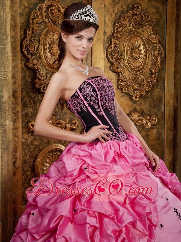 Rose Pink Ball Gown Strapless Long Embroidery Taffeta Quinceanera Dress