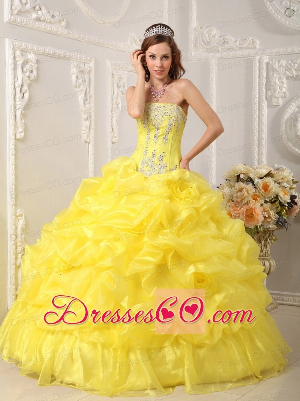 Yellow Ball Gown Strapless Long Organza Beading Quinceanera Dress