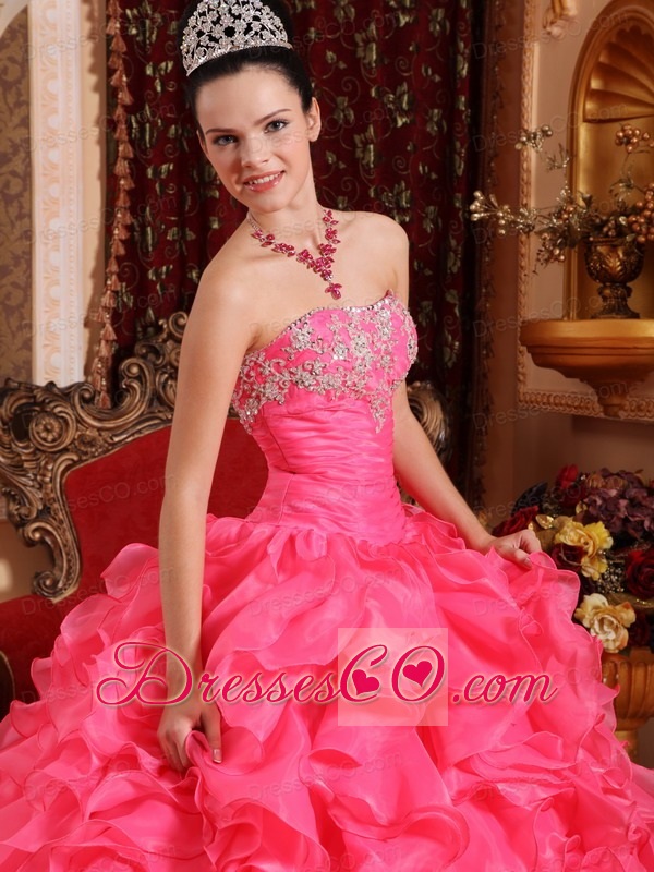 Hot Pink Ball Gown Strapless Long Organza Beading And Appliques Quinceanera Dress