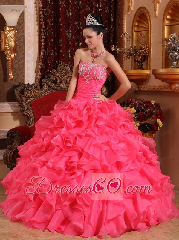 Hot Pink Ball Gown Strapless Long Organza Beading And Appliques Quinceanera Dress