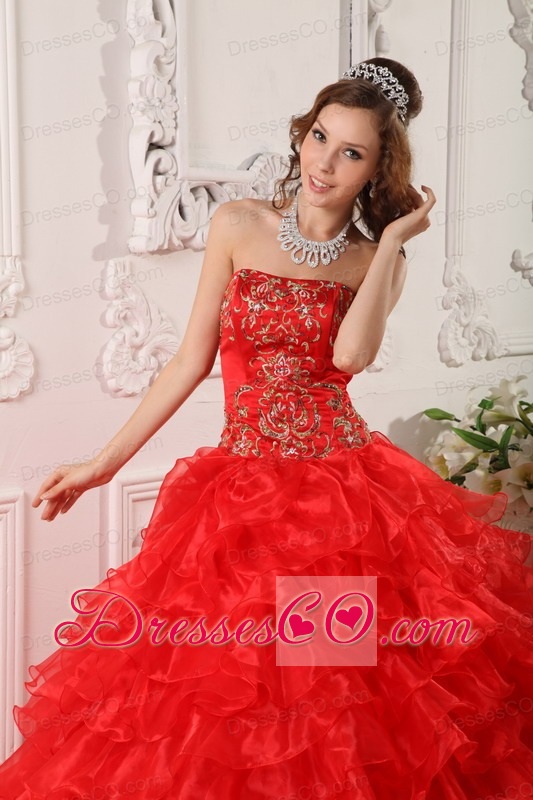 Redball Gown Strapless Long Organza Ruffles And Embroidery Quinceanera Dress