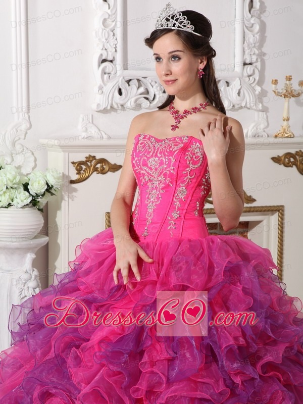 Hot Pink And Purple Ball Gown Long Satin And Organza Embroidery Quinceanera Dress