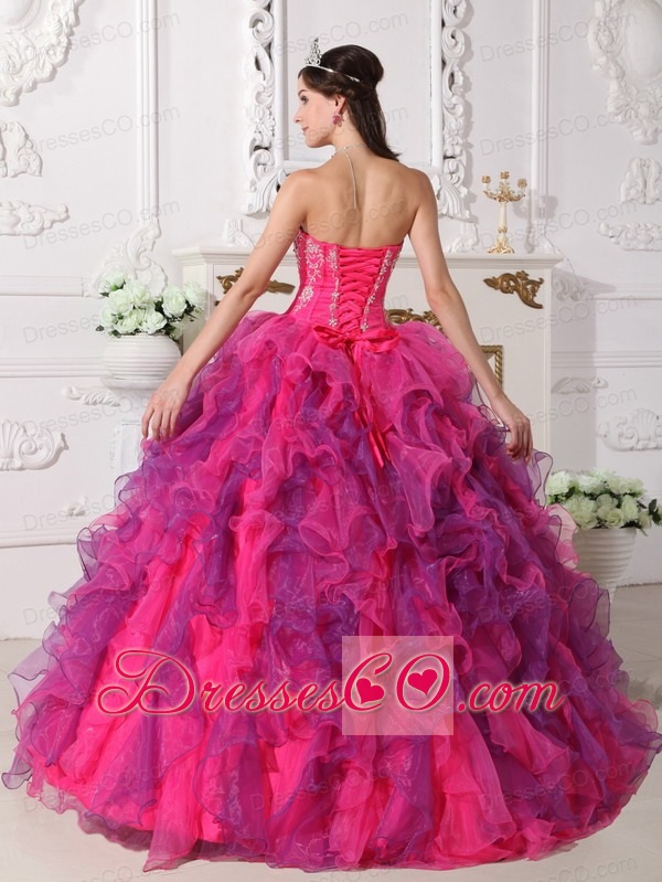 Hot Pink And Purple Ball Gown Long Satin And Organza Embroidery Quinceanera Dress