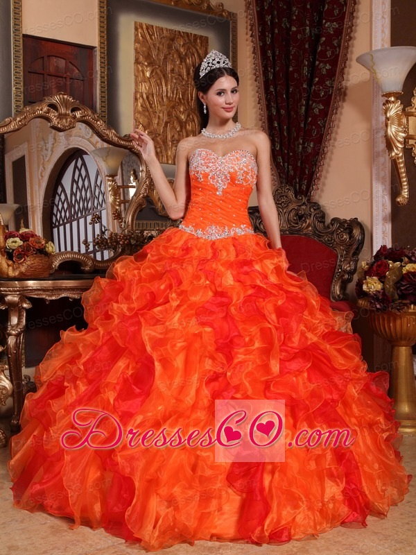 Orange Ball Gown Long Organza Appliques And Beading Quinceanera Dress