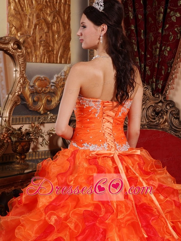 Orange Ball Gown Long Organza Appliques And Beading Quinceanera Dress