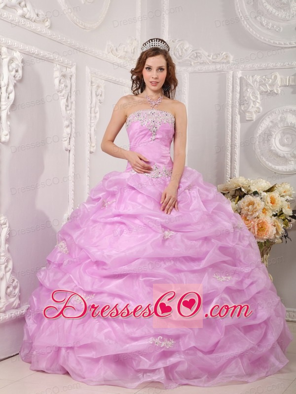 Exclusive Ball Gown Strapless Long Organza Appliques Rose Pink Quinceanera Dress