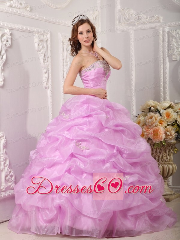 Exclusive Ball Gown Strapless Long Organza Appliques Rose Pink Quinceanera Dress