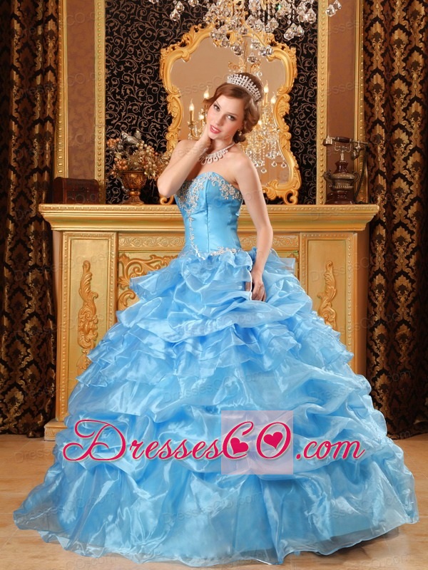 Baby Blue Ball Gown Long Organza Appliques Quinceanera Dress