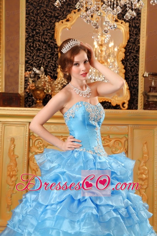 Baby Blue Ball Gown Long Organza Appliques Quinceanera Dress
