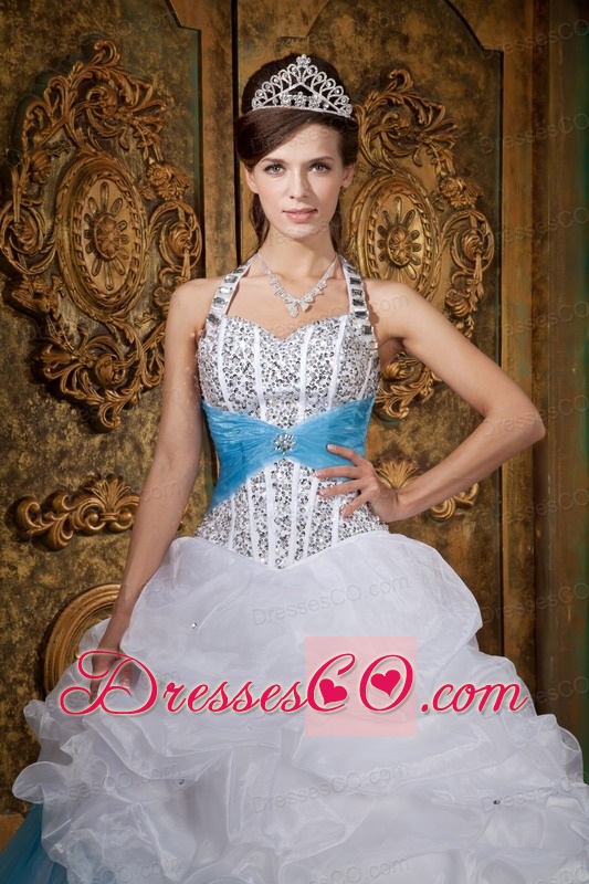 White And Blue A-line / Princess Halter Long Beading Quinceanera Dress