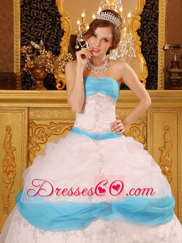 Perfect Ball Gown Strapless Long Appliques Satin And Organza White Quinceanera Dress
