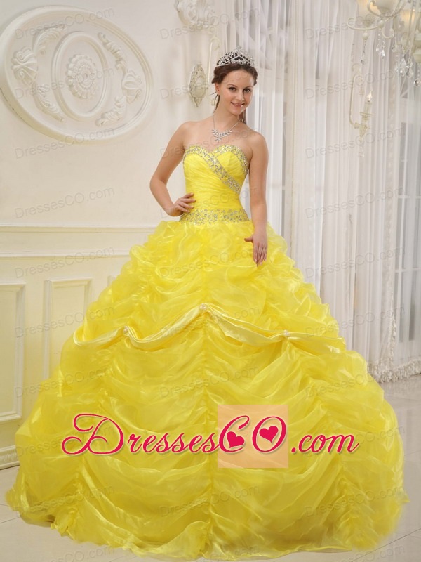 Yellow Ball Gown Long Organza Beading Quinceanera Dress