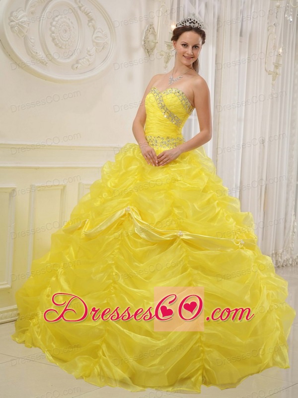 Yellow Ball Gown Long Organza Beading Quinceanera Dress