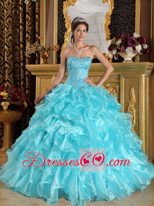 Aqua Blue Ball Gown Long Ruffles Organza Quinceanera Dress