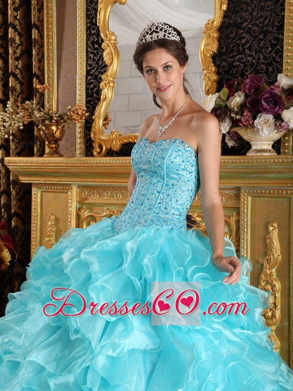 Aqua Blue Ball Gown Long Ruffles Organza Quinceanera Dress