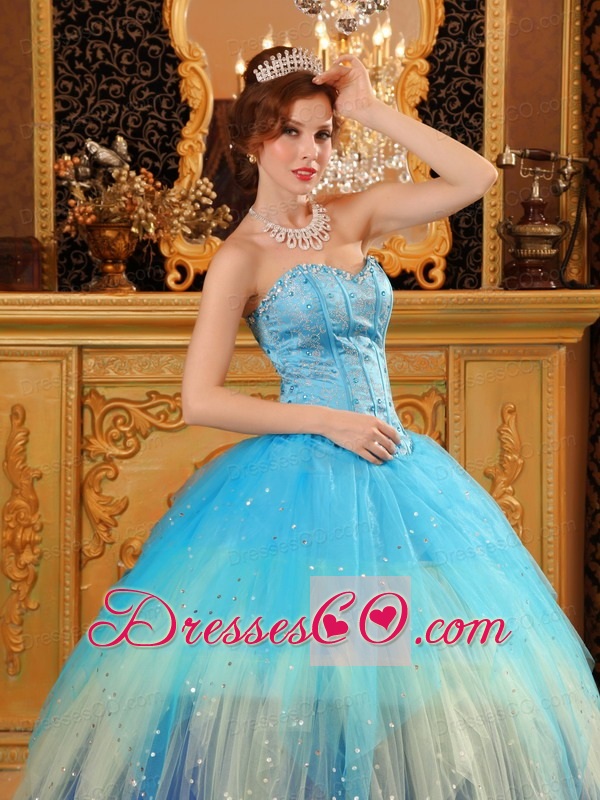 Gorgeous Ball Gown Long Beading Satin And Organza Blue Quinceanera Dress