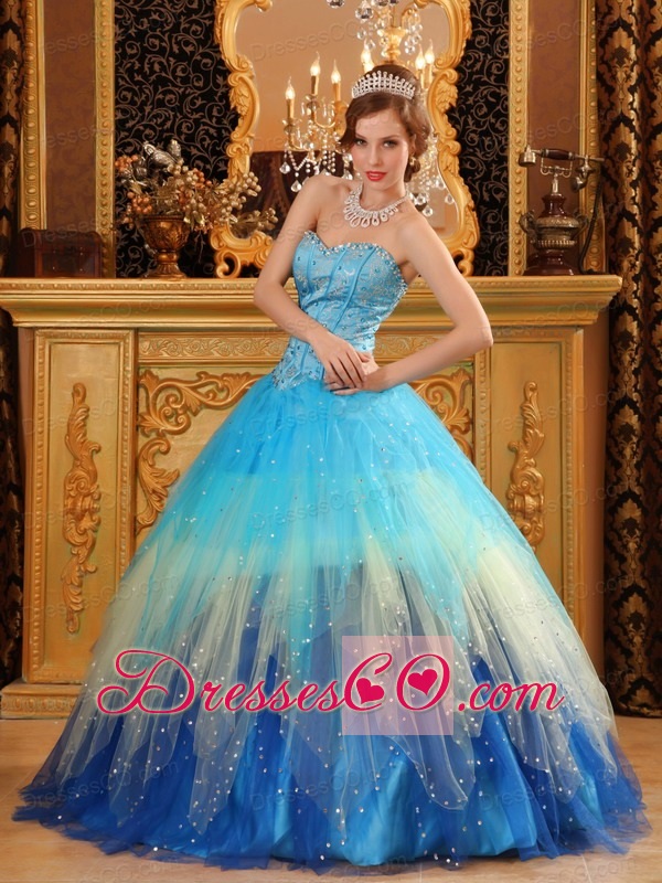 Gorgeous Ball Gown Long Beading Satin And Organza Blue Quinceanera Dress