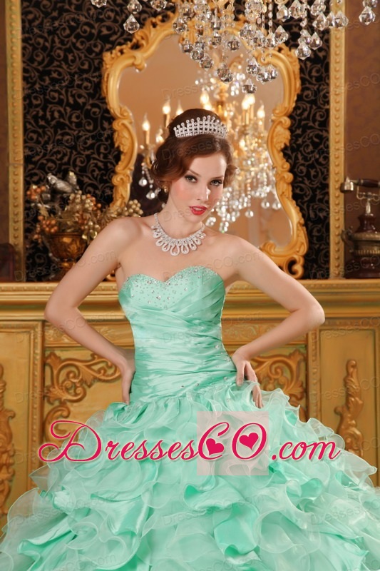 Luxurious Ball Gown Long Ruffles Organza And Taffeta Apple Green Quinceanera Dress