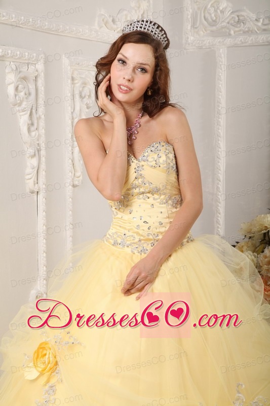 Beautiful Ball Gown Long Organza Appliques Light Yellow Quinceanera Dress