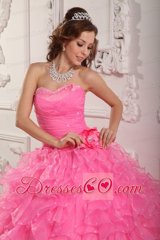 Romantic Ball Gown Long Organza Beading Rose Pink Quinceanera Dress