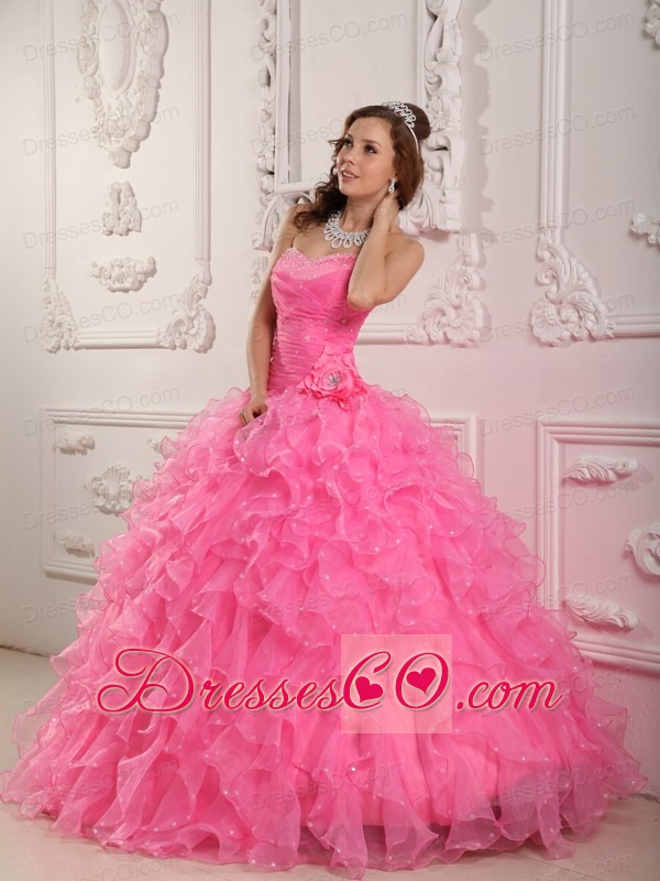 Romantic Ball Gown Long Organza Beading Rose Pink Quinceanera Dress